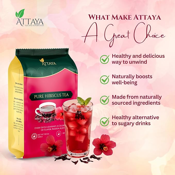 Attaya Pure Hibiscus Tea Bags 35 Count - Premium Herbal Tea - Dried Hibiscus Flowers - Antioxidant-Rich for Wellness & Relaxation - Caffeine-Free, Non-GMO, No Sugar - Eco-Friendly Bags