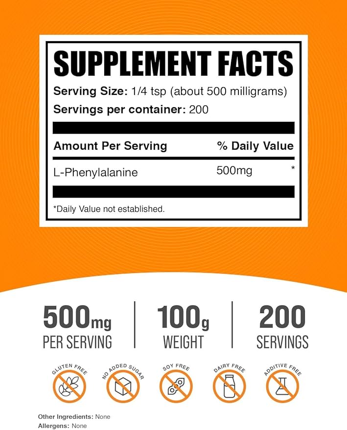 BulkSupplements.com L-Phenylalanine Powder - Phenylalanine Supplement, L-Phenylalanine 500mg - Amino Acids Supplement, Gluten Free, 500mg per Serving, 100g (3.5 oz) (Pack of 1)