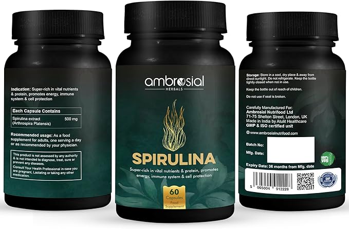 AMBROSIAL Spirulina Capsules 500 mg (Pack of 2-120 Capsules)