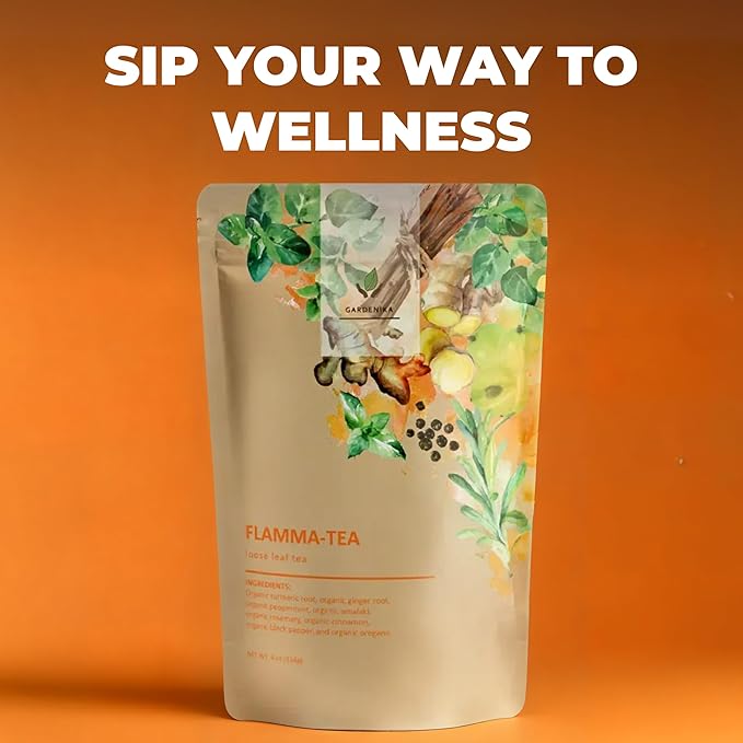 Gardenika Organic Flamma-tea Loose Leaf Tea | Premium Turmeric Ginger Blend with Cinnamon, Peppermint & Black Pepper | 100% Natural, Caffeine Free Herbal Wellness Tea | 4oz (113g)