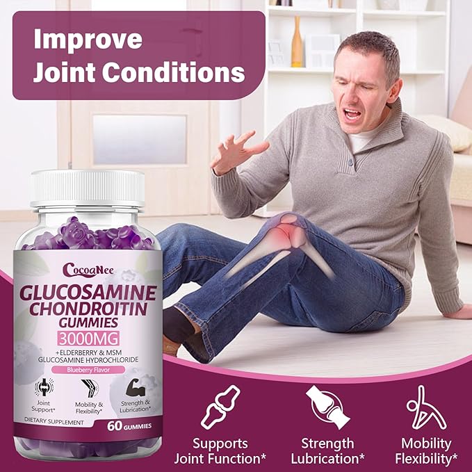 3 Packs 3000MG Glucosamine Chondroitin Gummies, Extra Strength Joint Support Supplement with MSM & Elderberry, Flexibility, Antioxidant Immune Support Gummy for Adults, Men & Women 180Cts