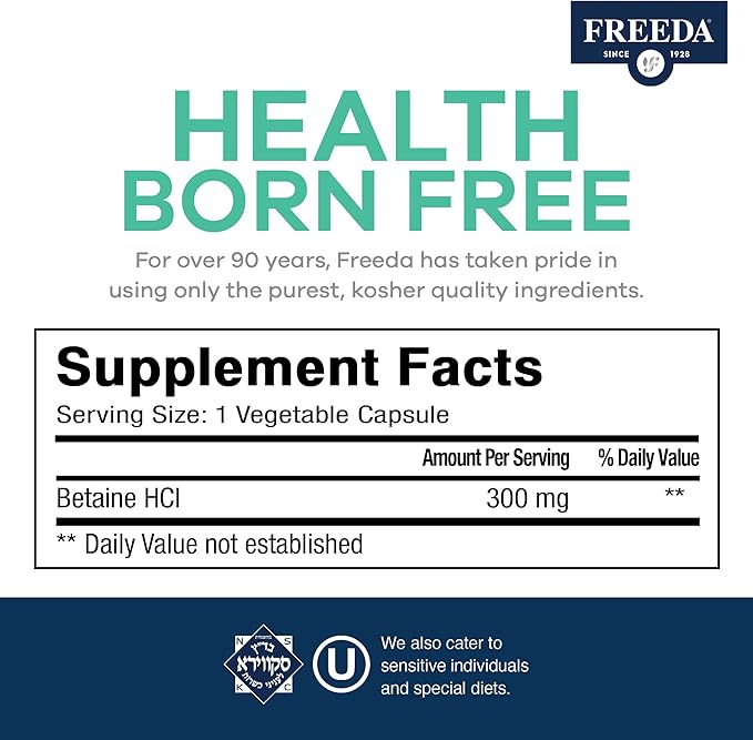 Freeda Betaine HCl - Vegan Betaine Supplement Digestive Supplement for Healthy Digestion - Organic Vegetarian Formula, Does Not Contain Pepsin (90 Capsules)