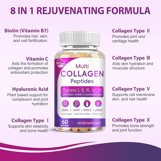 Multi Collagen Peptides Softgel - Type I, II, III, V, X - Hydrolyzed Collagen Peptides with Biotin, Vitamin C, Hyaluronic Acid, Supports Skin Hair Nail, Grass-Fed, Non-GMO, 60 Softgel, 1 Pack