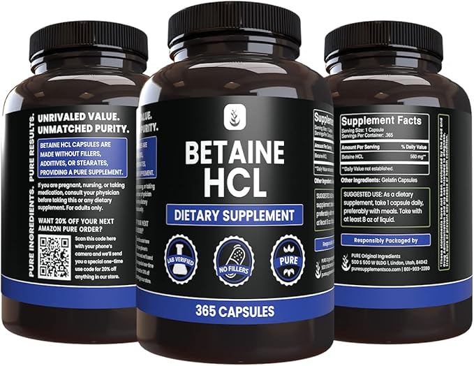 PURE ORIGINAL INGREDIENTS Betaine HCL (365 Capsules) No Magnesium Or Rice Fillers, Always Pure, Lab Verified