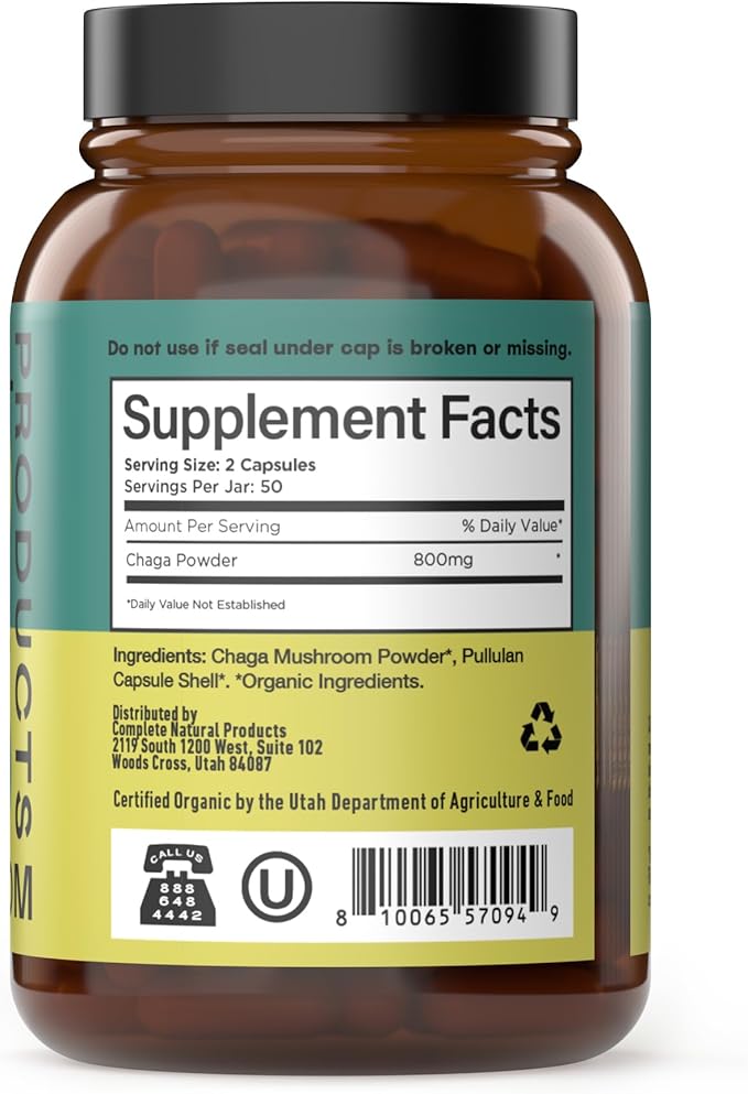 Complete Natural Products Organic Chaga Mushroom Capsules - 100ct, Organic Antioxidant Power, Immune Boost, Gut Support, Non-GMO, Gluten Free, Vegan