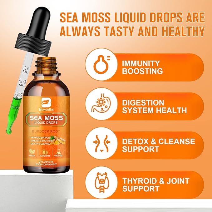 Sea Moss Liquid Drops - Organic Irish Sea Moss Raw Gel with Burdock Root, Tumeric, Spirulina, Seaweed Moss Gel Supplement for Gut Health & Antioxidant Supports - 2 Fl Oz