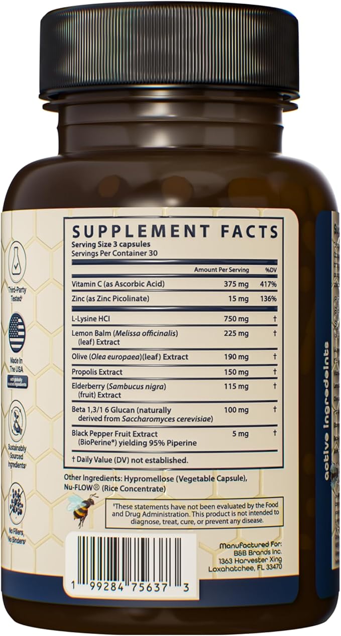 L Lysine Cold Sore Treatment Support, Herbal Cold Sore Supplement w/Zinc Picolinate, Olive Leaf Extract, Beta Glucan, & Bee Propolis for Skin & Lip Health, 90 Capsules