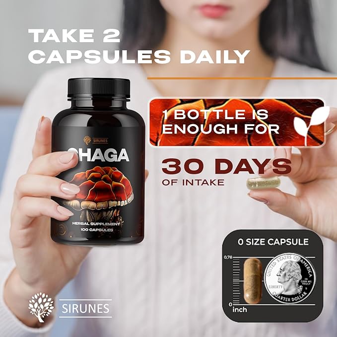 SIRUNES Mushroom Supplement Chaga Mushrooms Capsules 100 Count – 1000mg Natural Organic Mushrooms with Chaga Mushroom Powder – Antioxidant Supplement for Immune Support, Energy Boos