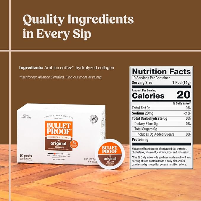 Bulletproof Coffee + Collagen Single-Serve Coffee Pods, 10 Count, 100% Arabica Beans, Clean Coffee Tested for Toxins, Packaging May Vary