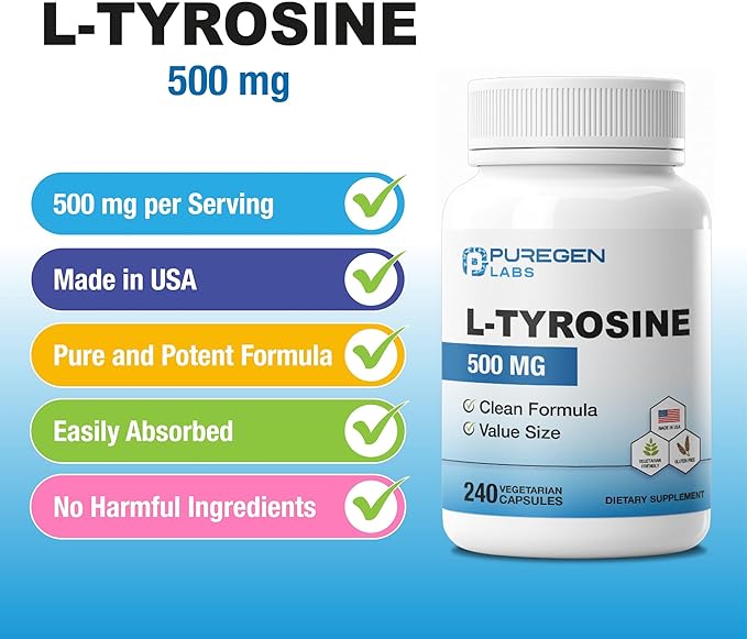 Puregen Labs L-Tyrosine 500 mg, Total - 480 Vegetable Capsules | No Harmful Additives | Brain & Nervous System Support, Non-GMO, Vegan, Gluten Free, Dairy Free - 480 Servings - Made in USA