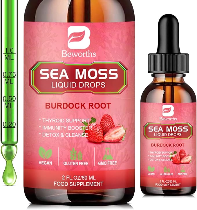 Sea Moss Liquid Drops - Organic Irish Sea Moss Gel with Spirulina, Bladderwrack, Burdock Root, Seamoss Gel Supplement for Joint, Gut Cleanse & Digestion Support - 2 Fl Oz, Vegan