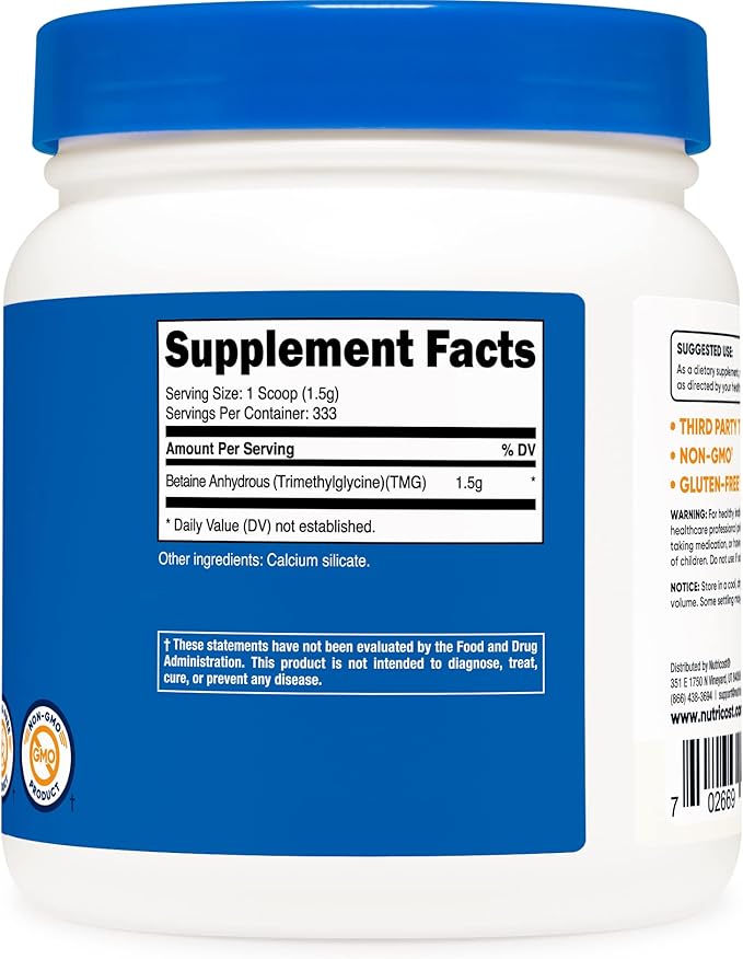 Nutricost Betaine Anhydrous Trimethylglycine (TMG) Powder 500G (3 Bottles)