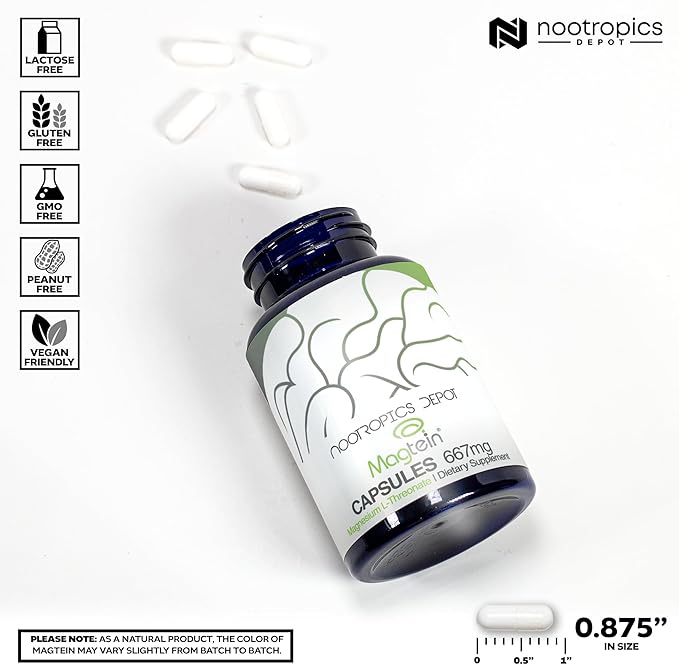 Nootropics Depot Magtein Magnesium L-Threonate Capsules | 180 Count | Mineral Supplement | Natural | Supports Mitochondrial Function | Boosts Energy and Cognitive Function
