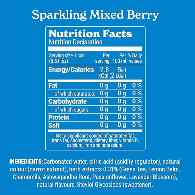 Tranquini Calming Drink With Herbal Adaptogens | Sparkling Water Stress Relief Beverage | Sugar Free, Non Alcoholic, Gluten Free, Vegan - 250ml Mixed Berry (12 cans)