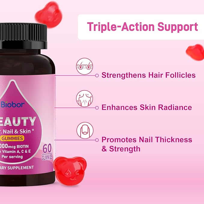 Beauty Gummies No Sugar Added, Hair Skin and Nails with Vitamins A C E, Natural 6000mcg Biotin Gummies for Women Men, GMO Free, Gluten Free