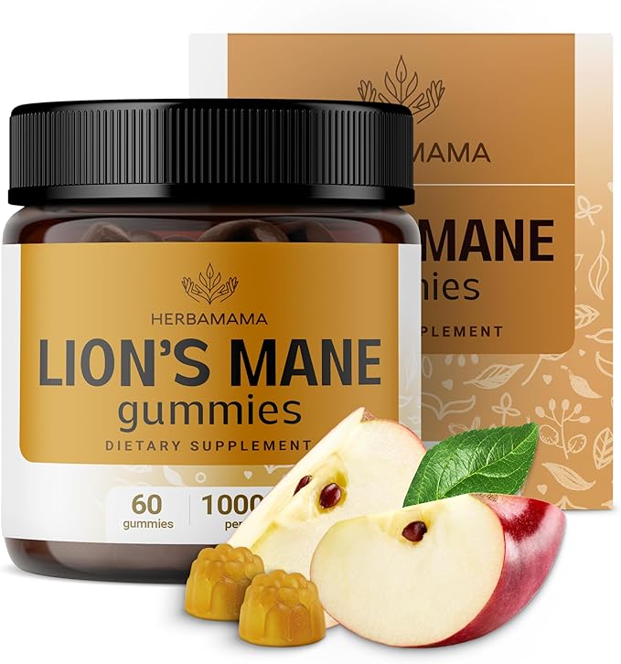 HERBAMAMA Lion's Mane Gummies - 1000mg Lion's Mane Mushroom for Brain Clarity Support - Vegan, Non-GMO Focus Supplement for Adults - 60 Pectin-Based Apple-Flavored Chews