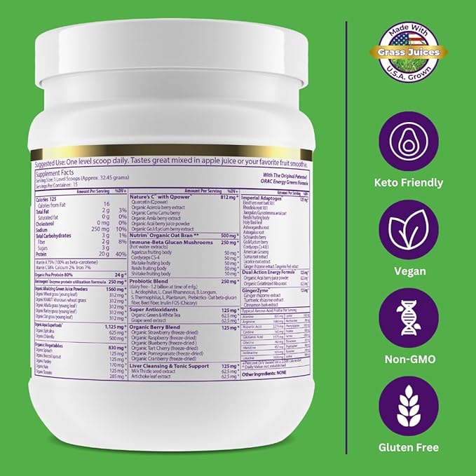 Paradise Herbs ORAC Energy Protein & Greens Powder, Antioxidant Power of 24 Servings of Fruits & Vegetables in 1 Scoop + 20g Protein, Unflavored, 15 Servings