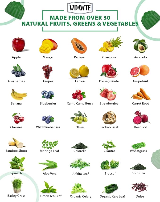 Sugar-Free Fruit and Veggie Gummies — 35+ Greens, Fruit and Vegetable Vitamins to Boost Immunity, Skin & Gut Health — Ideal Fruity Vegetable Supplement for Adults & Kids (60 Gummies)