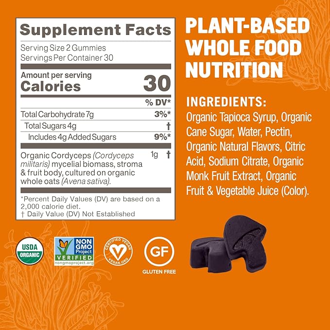 OM MUSHROOM SUPERFOOD Cordyceps Gummies, USA Grown Organic Mushrooms, Supports, Endurance, Energy, & Recovery, 60 Count, 30 Servings Gummy Supplements
