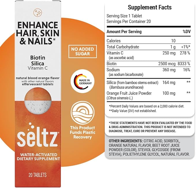 Seltz® Water-Activated Vitamins - Enhance Hair, Skin & Nails with Vitamin C, Silica, and Biotin – Natural Blood Orange Flavor Dietary Supplement - 6 Packs x 20 Effervescent Tablets Each