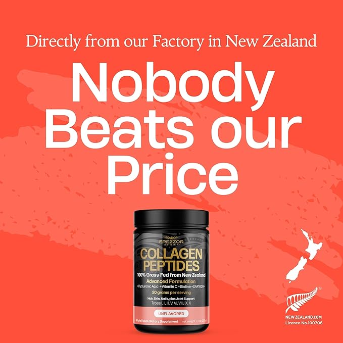 FREZZOR Collagen Peptides Powder, Reduces Fine Lines & Wrinkles, Stronger Hair & Nails, Promotes Youthful Flexibility & Mobility, 100% New Zealand Hydrolyzed Beef Bone Collagen, Unflavored 225g 1 Jar