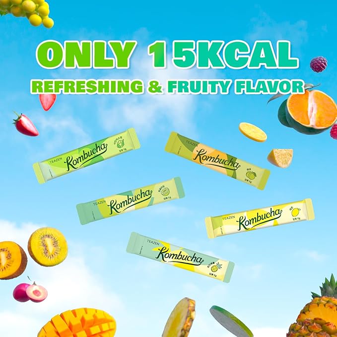 TEAZEN Kombucha Tea Tropical Zest Hydration Variety Pack - 20 Sticks, 5 Flavor (Lemon, Pineapple, Korean Plum, Shine Muscat, Green Mandarin-Lime)