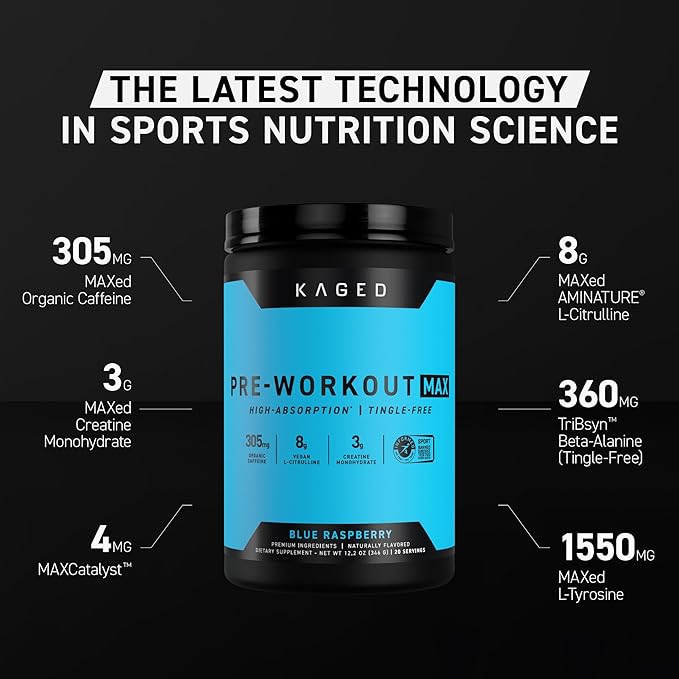 Kaged Pre Workout MAX Powder | Watermelon | Tingle Free, High Stim Pre-Workout | 305 mg Caffeine, Creatine, L-Citrulline | MAXCatalyst for Absorption | Supplements for Men & Women | 20 Servings