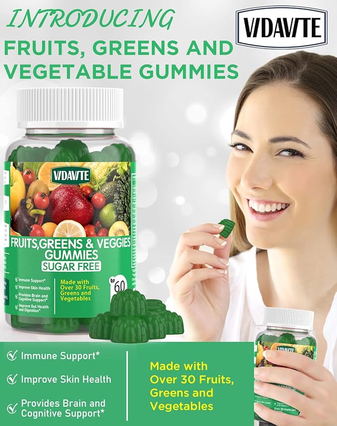 Sugar-Free Fruit and Veggie Gummies — 35+ Greens, Fruit and Vegetable Vitamins to Boost Immunity, Skin & Gut Health — Ideal Fruity Vegetable Supplement for Adults & Kids (60 Gummies)