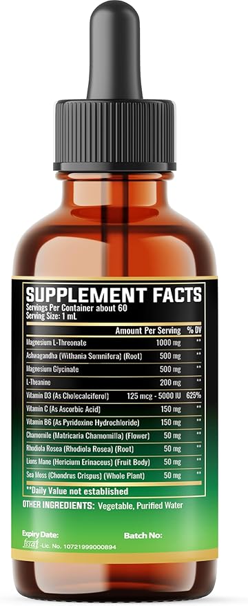 10in1 Magnesium L-Threonate Liquid Drops with Magnesium Glycinate, Ashwagandha, Vitamin D3, C, B6 & 4 Other Ingredients - 2 Fl Oz - Lemon Flavor