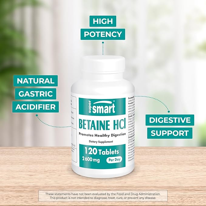 Supersmart - Betaine HCI 2600mg per Day (High Potency) - with Protease Enzymes - Betaine Hydrochloride Formula | Non-GMO & Gluten Free - 120 Tablets
