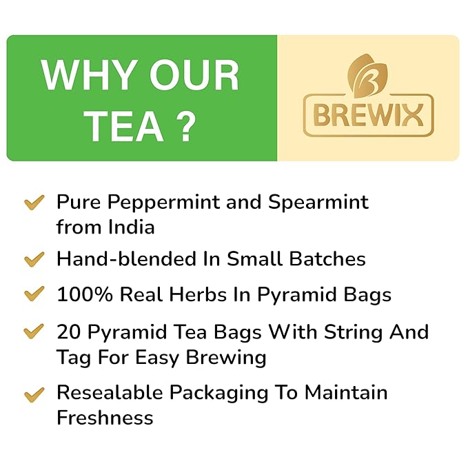 BREWIX, Moroccan Mint Tea (20 Pyramid Tea Bags) | Soothes Your Belly | Calming, Fresh and Cool | Caffeine Free Herbal Tea | No Sugar & No Caffeine