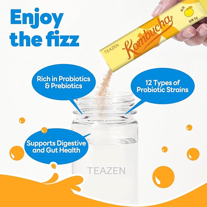 TEAZEN Kombucha Tea Sunset Bliss Hydration Variety Pack - 20 Sticks, 5 Flavors (Peach, Mango-Guava, Strawberry-Kiwi, Citron, Mulled Wine)