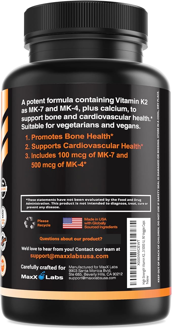 Vitamin K2 Supplement - Full Spectrum Vitamin K2-MK7, MK4 & Vitamin D - High Strength K2 Works with Vitamin-D3 - Vitamin-K 600mcg - Supports Bone Health - 90 Capsules