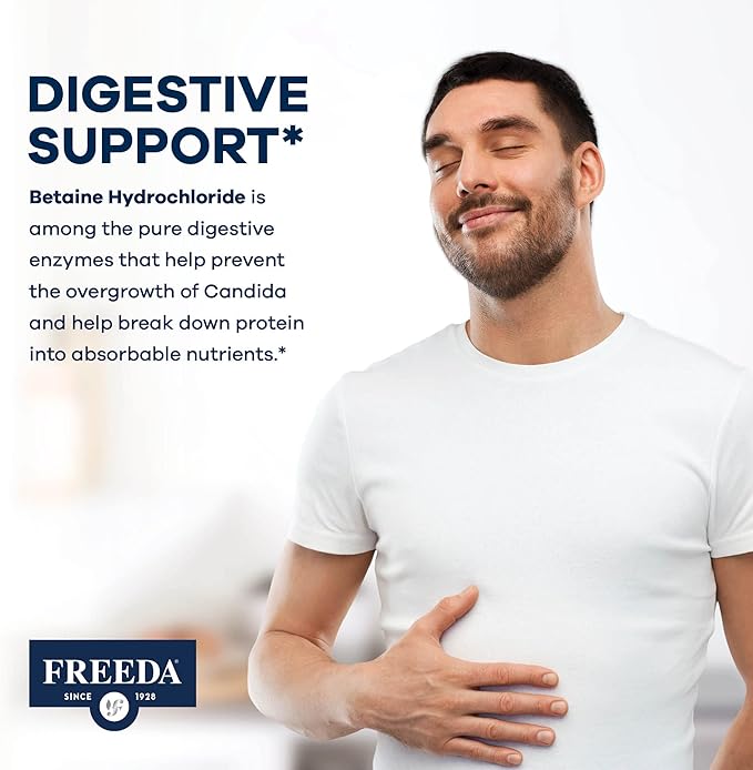 Freeda Betaine HCl - Vegan Betaine Supplement Digestive Supplement for Healthy Digestion - Organic Vegetarian Formula, Does Not Contain Pepsin (90 Capsules)
