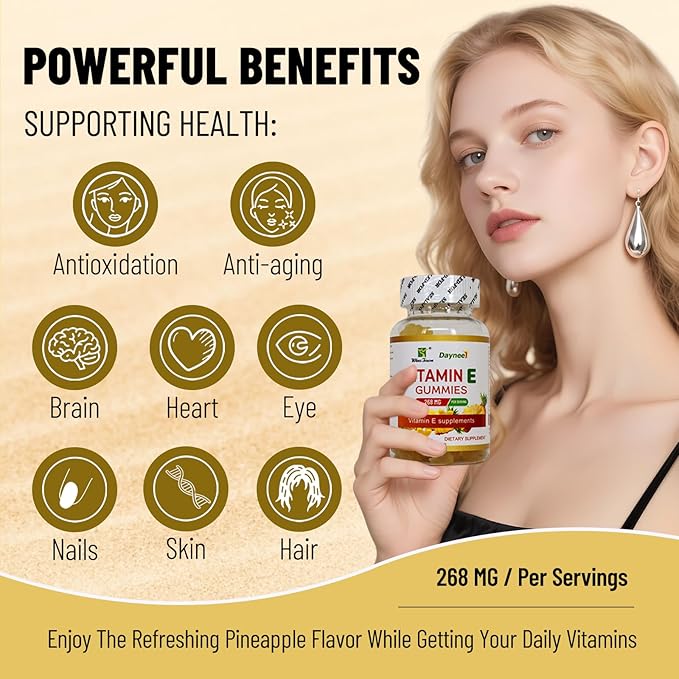 Vitamin E Gummies 268mg, Delicious, Vegan, Non-GMO, Adult Gummy Supplements, Immune, Skin & Eye Support, 60 Count