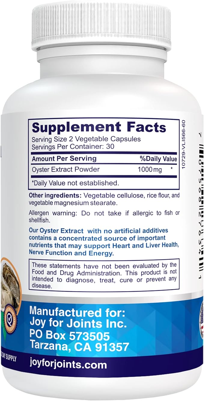 Oyster Extract - Pure, Highly Concentrated Supplement for Men & Women – Supports Energy & Immune Boost; Zinc, Taurine, Amino Acids, and Vitamins, 500 mg, 60 Veg Capsules, Made in USA