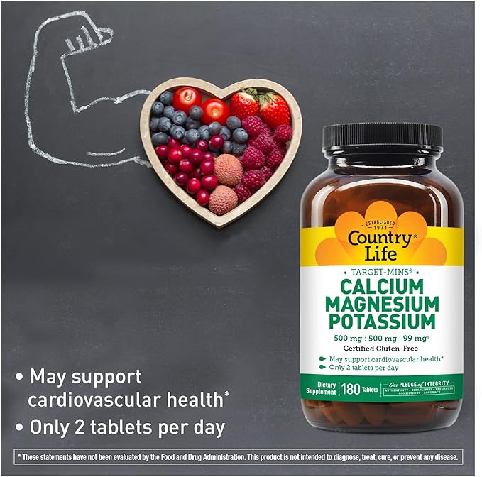 Country Life Target Mins - Calcium Magnesium Potassium Bone & Heart Health Supplement, 1000mg Calcium, 500mg Magnesium, Supports Calcium Utilization, 180 Tablets – Certified Gluten Free & Vegan