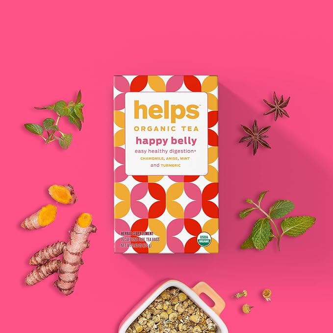 HELPS TEAS | Helps Happy Belly Tea | Organic Digestive herbal Tea With Green Anise, Chamomile, Mint and Turmeric | 16 Tea Bags |