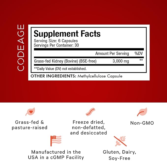 Codeage Grass Fed Beef Kidney Supplement - Freeze Dried, Non-Defatted, Desiccated Glandulars Nutrition Bovine Pills – Pasture Raised Beef Vitamins - Non-GMO -180 Capsules