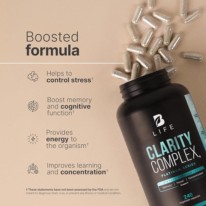 Clarity Complex with Natural Ingredients: Thiamin Vitamin B1, Ashwagandha, Lion's Mane Mushroom | 240 caps | Helps Increase Focus, Cognition, Memory and Clarity | Made in The USA by B Life.