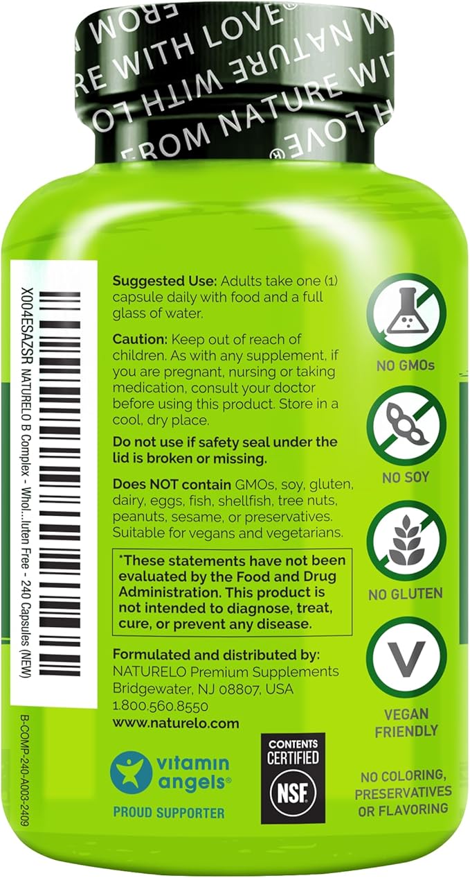NATURELO Vitamin B Complex with Methyl B12, Methyl Folate, Vitamin B6, Biotin Plus Choline, CoQ10, and Fruit & Vegetable Blend - Supports Energy & Healthy Stress Response - Vegan - 240 Capsules