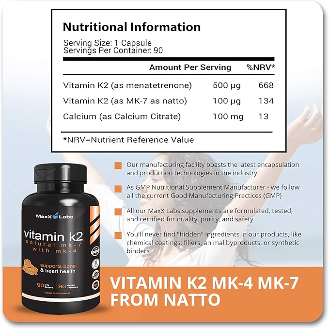 Vitamin K2 Supplement - Full Spectrum Vitamin K2-MK7, MK4 & Vitamin D - High Strength K2 Works with Vitamin-D3 - Vitamin-K 600mcg - Supports Bone Health - 90 Capsules