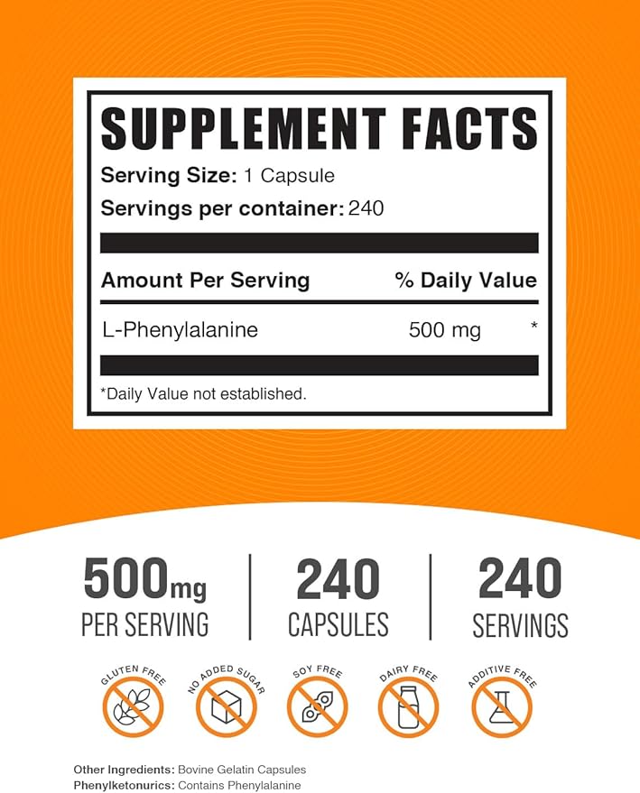 BulkSupplements.com L-Phenylalanine Capsules - Phenylalanine Supplement, L-Phenylalanine 500mg - Gluten Free, 1 Capsule per Serving, 240 Capsules (Pack of 1)