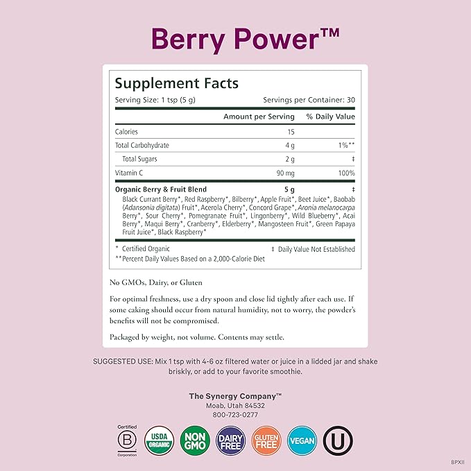 PURE SYNERGY Berry Power | Organic Berry and Fruit Powder | Antioxidant Supplement with Organic Acai, Camu Camu, and Wild Blueberry | for Healthy Aging, Immune, and Skin Support (5.3 oz Powder)