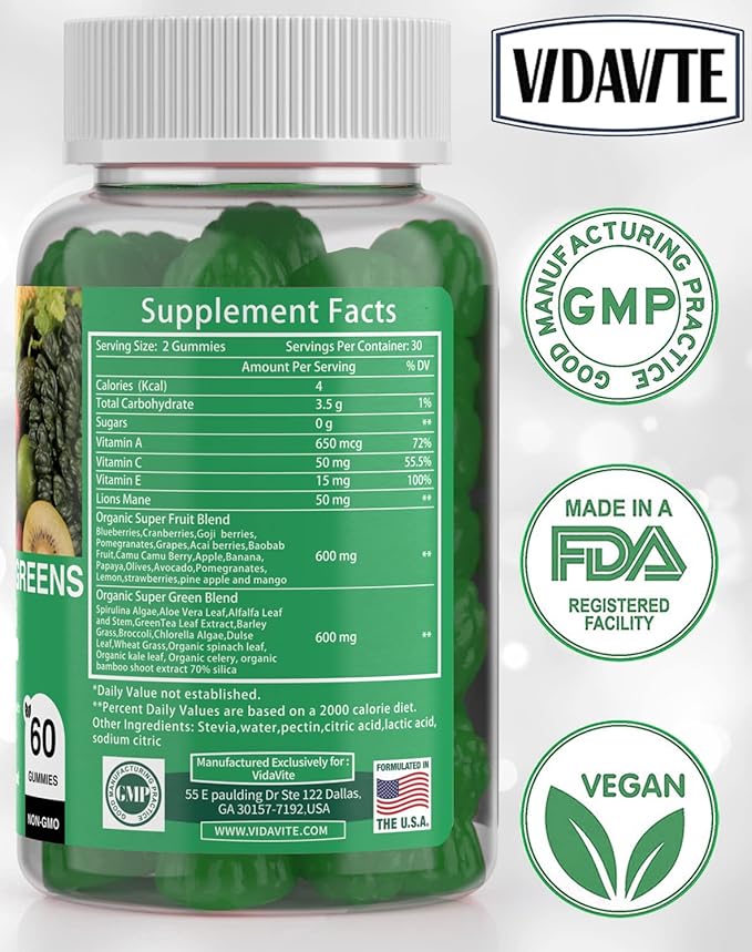 Sugar-Free Fruit and Veggie Gummies — 35+ Greens, Fruit and Vegetable Vitamins to Boost Immunity, Skin & Gut Health — Ideal Fruity Vegetable Supplement for Adults & Kids (60 Gummies)