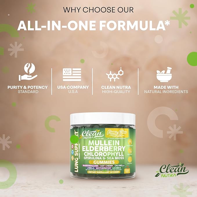Clean Nutra Mullein Elderberry Chlorophyll Spirulina Sea Moss Gummies | 60 Count Vegan Gummy Supplement for Adults | Plant-Based Formula with Irish Moss, Herbal Extracts, and Superfood Greens
