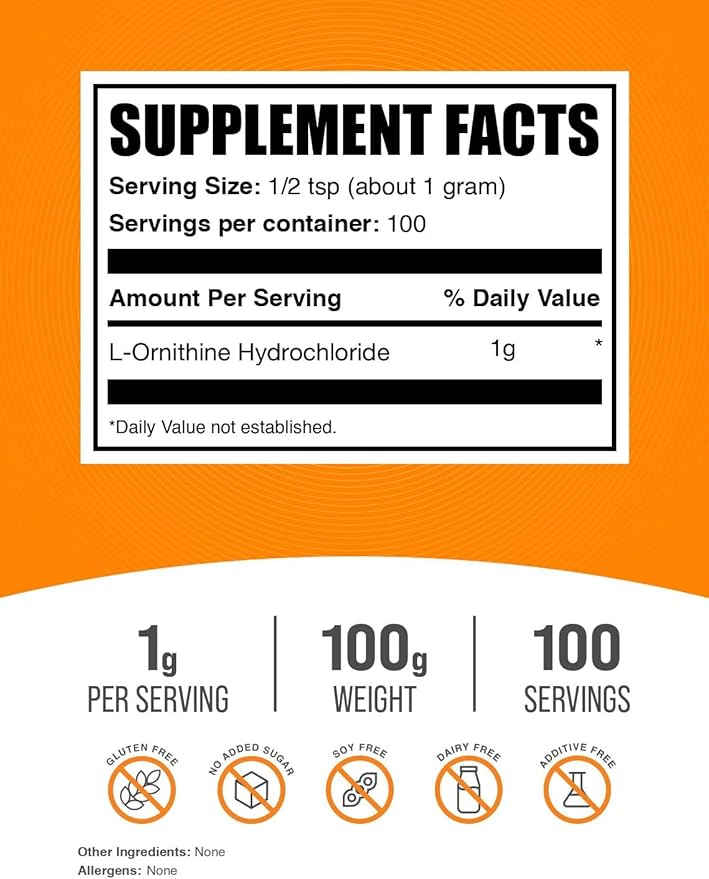 BulkSupplements.com L-Ornithine HCl Powder - Ornithine Supplement, Amino Acids Supplement - Gluten Free, 1g per Serving, 100g (3.5 oz) (Pack of 1)