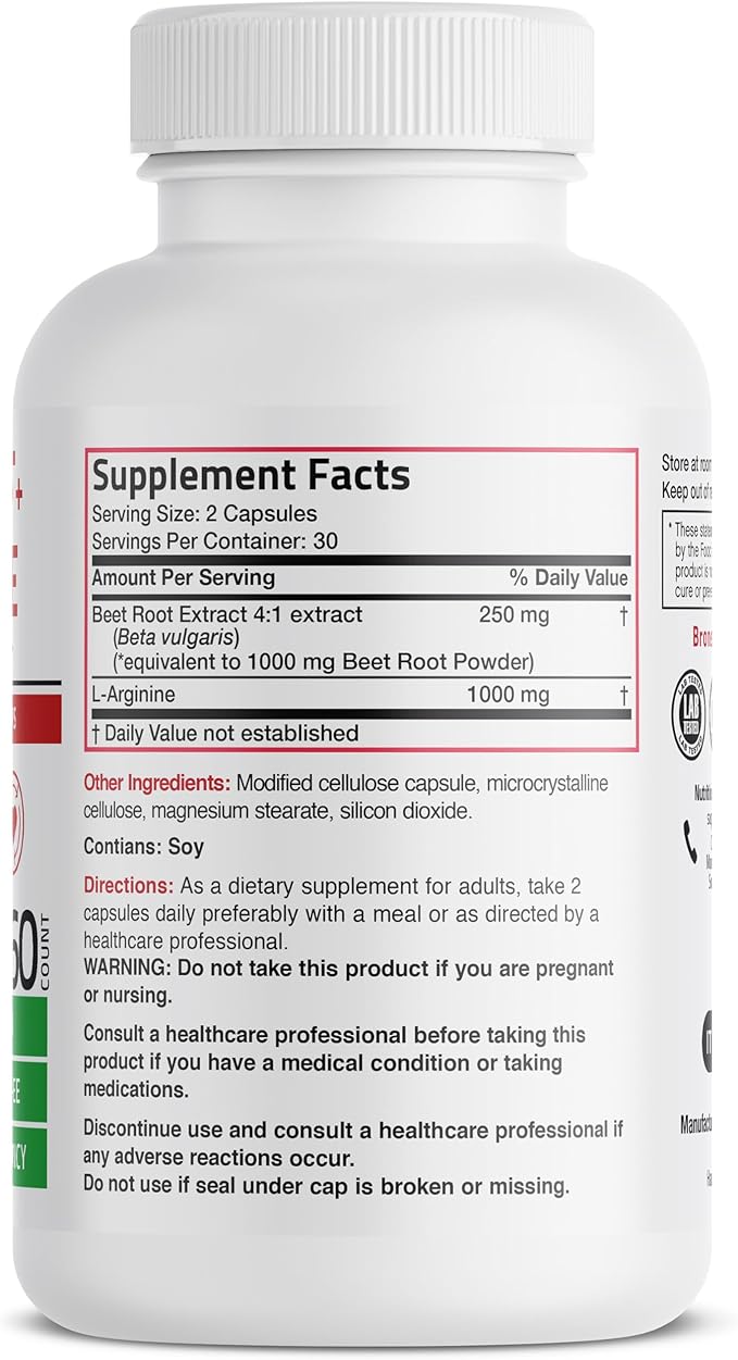 Bronson Beet Root + L-Arginine Nitric Oxide Production - Non-GMO, 60 Vegetarian Capsules