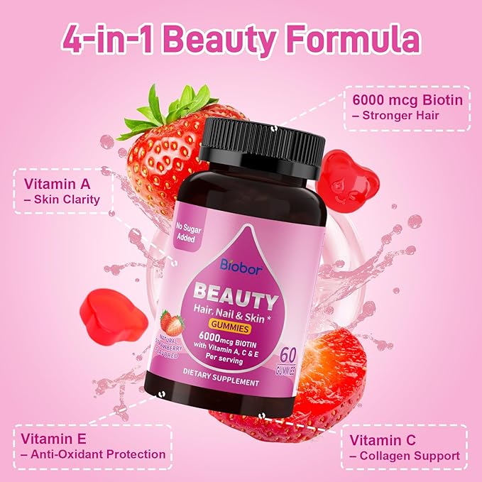 Beauty Gummies No Sugar Added, Hair Skin and Nails with Vitamins A C E, Natural 6000mcg Biotin Gummies for Women Men, GMO Free, Gluten Free