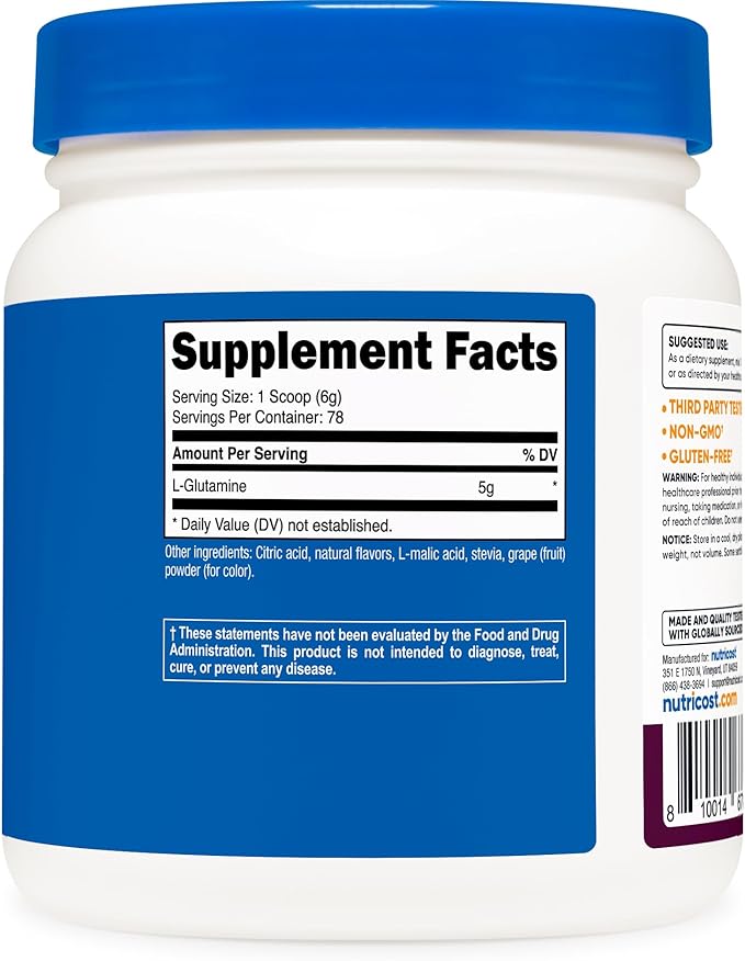 Nutricost L-Glutamine Powder Sweetened with Stevia (500 Grams, BlackBerry Lemonade) - Supplement for Gut Support, 5 Grams of L-Glutamine Per Serving, Gluten Free and Non-GMO